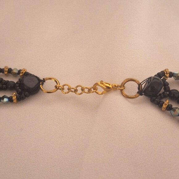 Artisan Dark Agate and Iridescent Crystal Bead Collar Necklace with Gold Accents - Picture 5 of 7